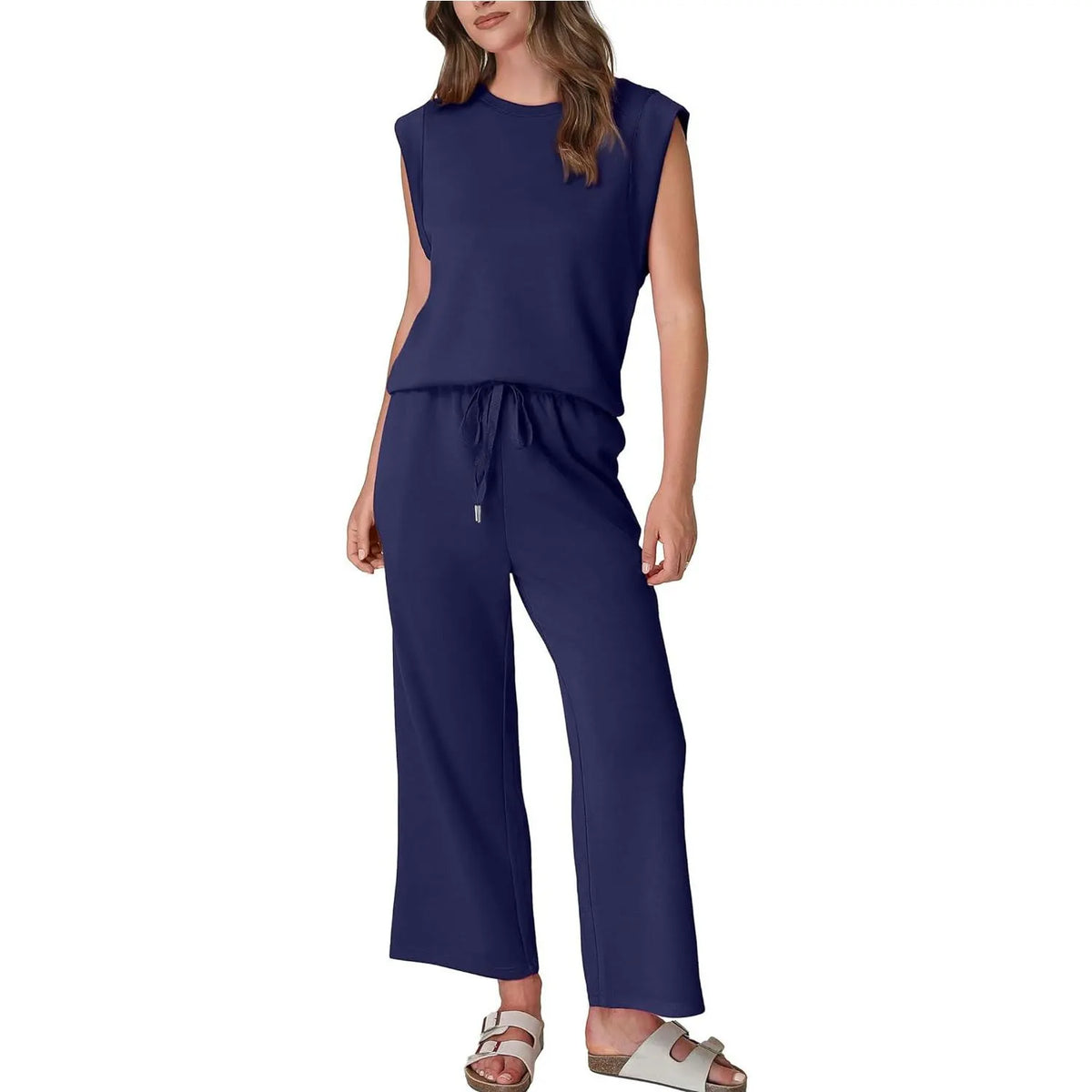 Women's Cap Sleeve Round Neck Lounge Set with Wide Leg Crop Pants