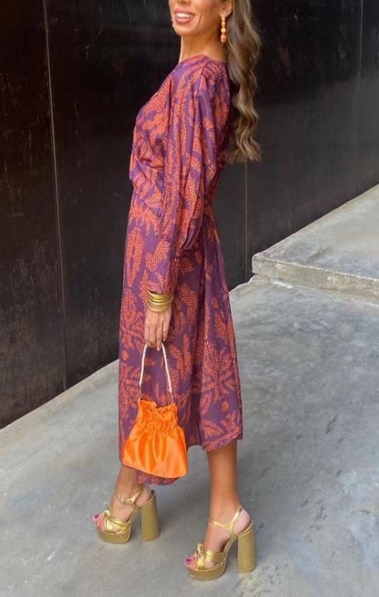 Vintage Long Sleeve Dress with V-Neck