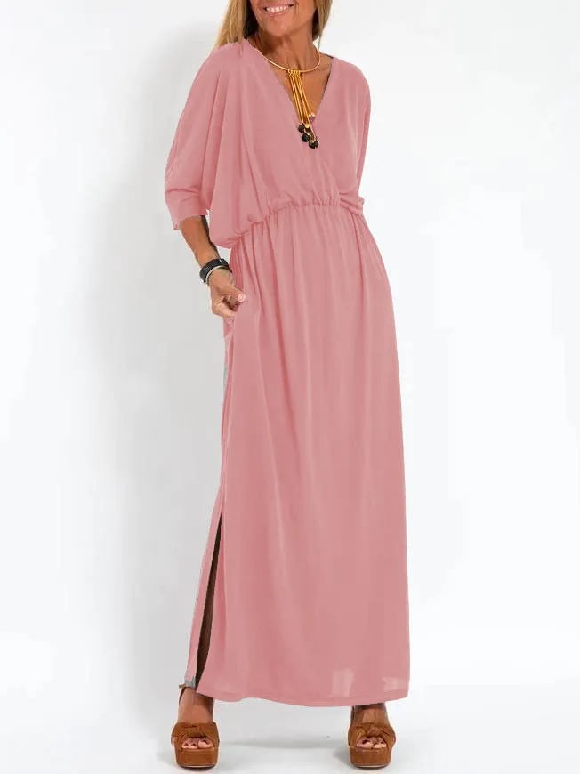 Elegant Solid Color High Waist V-Neck Maxi Dress