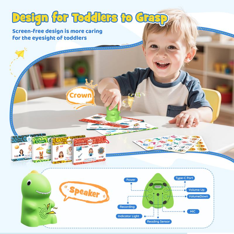 🎉🦖 Dinosaur Talking Flash Cards – Montessori Phonics & Sight Words Educational Learning Set (148 Cards, 5 Categories)
