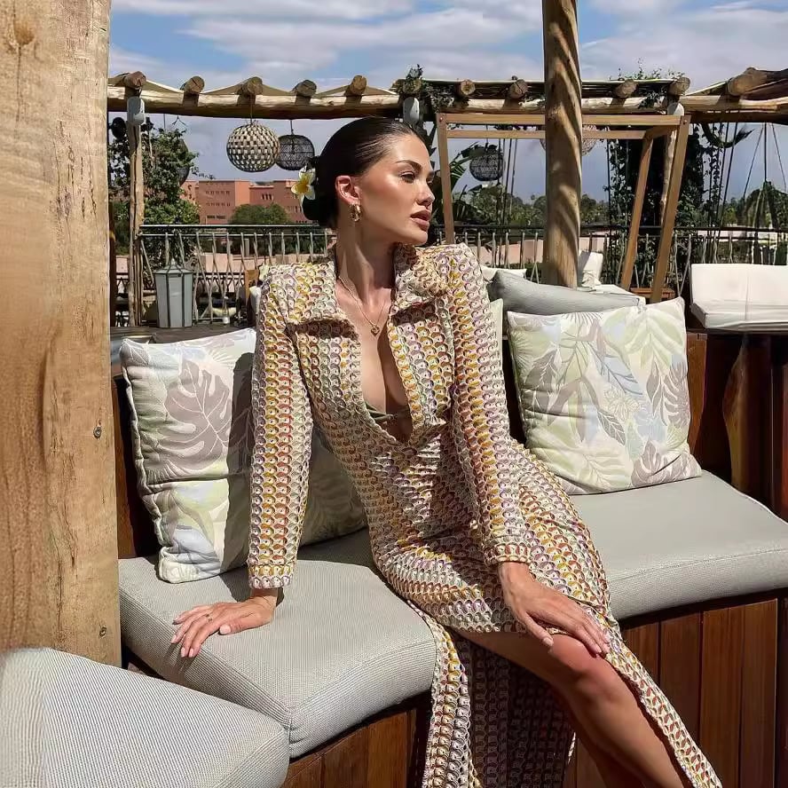 Bondi Beach Knit Colorful Wave Print Long Sleeve Vacation Maxi Dress