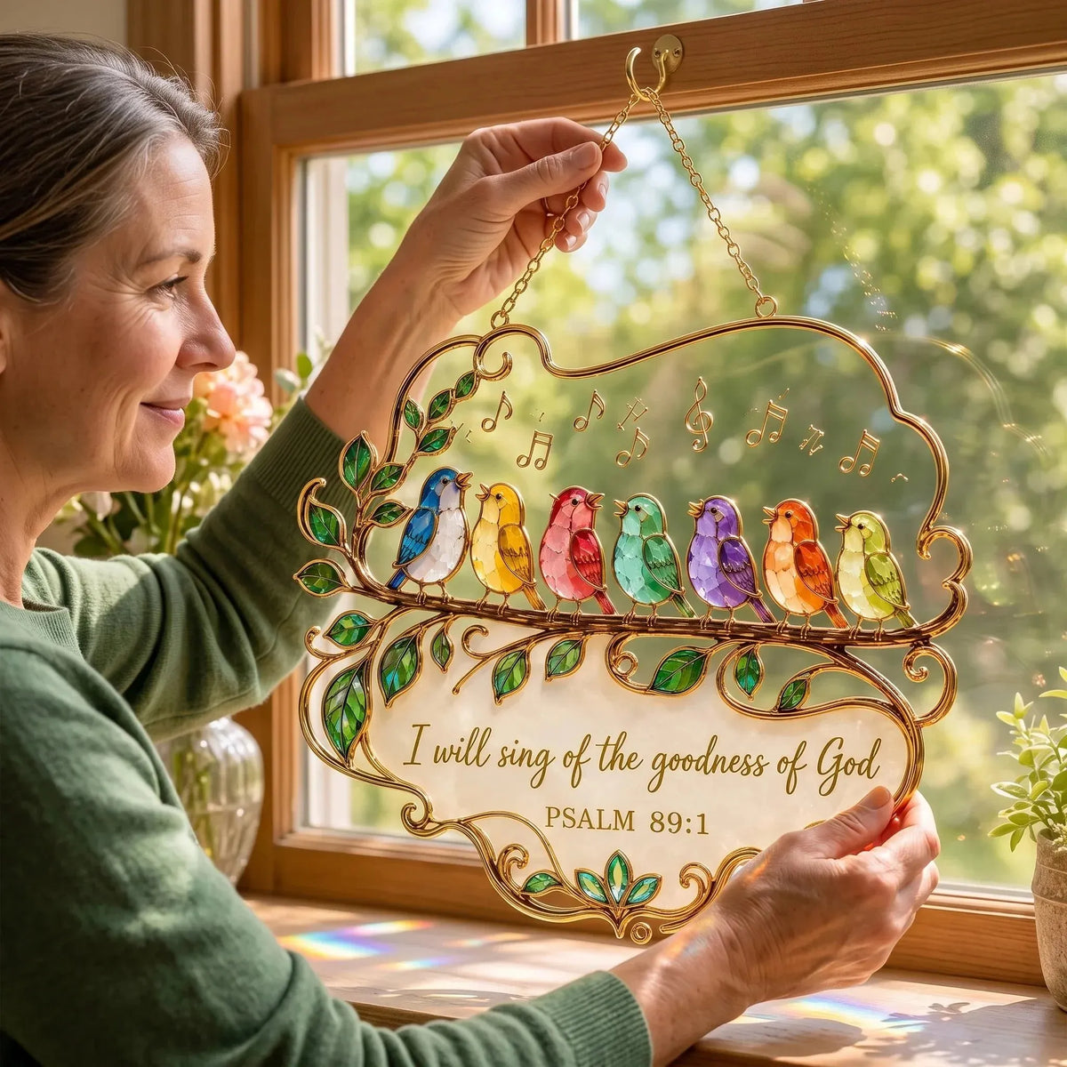 🔥HOT SALE🔥🎵 Psalm 89:1 Songbird Window Suncatcher | Faith Decor with Colorful Birds & Scripture 🕊️✨