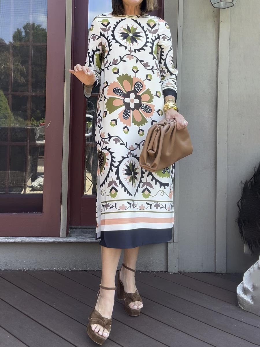 Women's Roung Neck Printed Slit Hem Dress