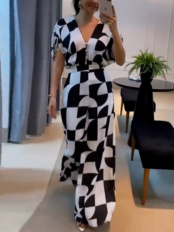 Women's Casual V-Neck Geometric Print Wide Leg Jumpsuit