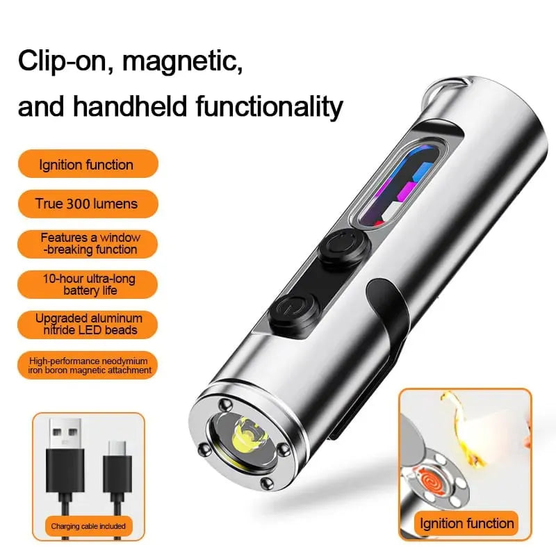 🎉 🔦Pocket Rechargeable EDC Flashlight:  Mini Keychain Light with Fire Starter & Window Breaker
