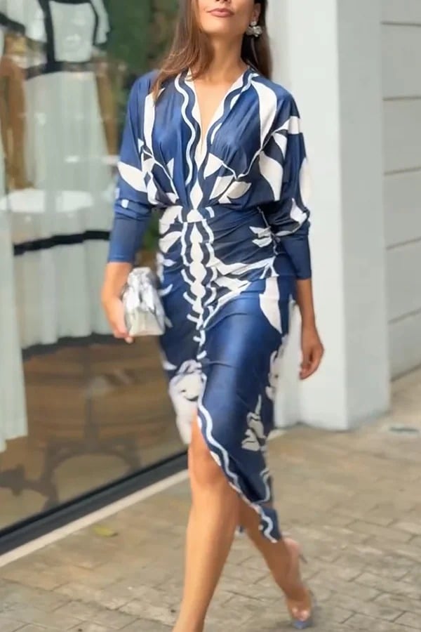 Unique Print Dolman Long Sleeve Ruched Slit Midi Dress Vestidos