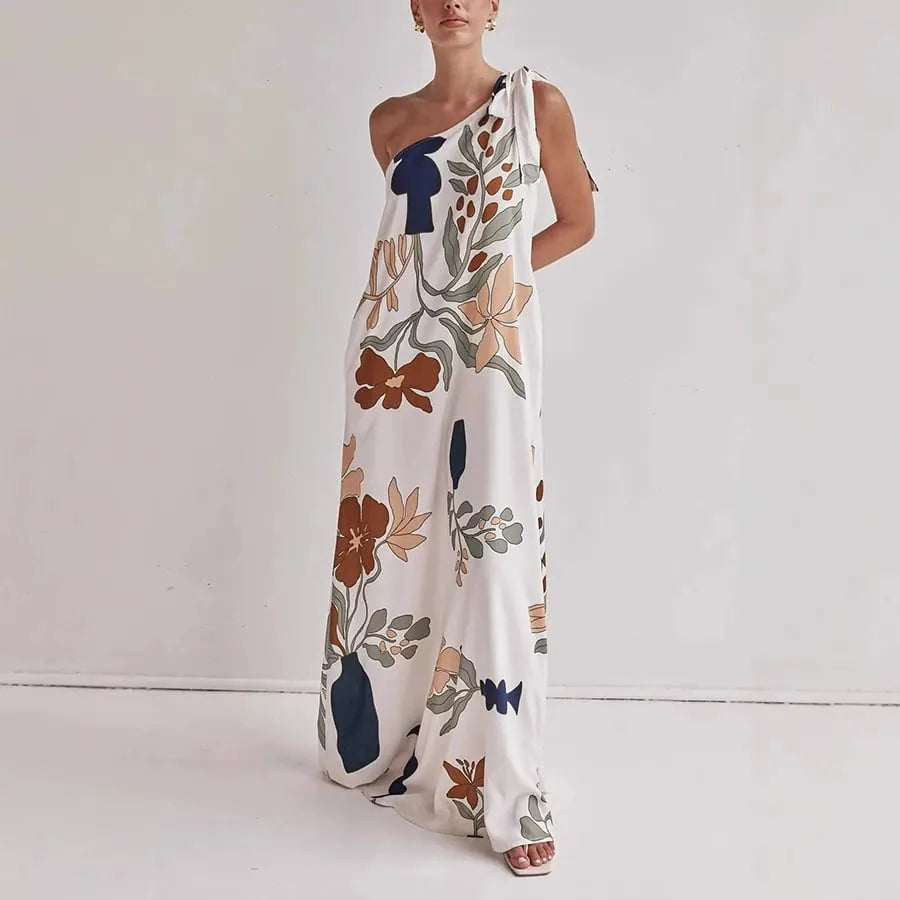 Printed One-Shoulder Maxi Dress