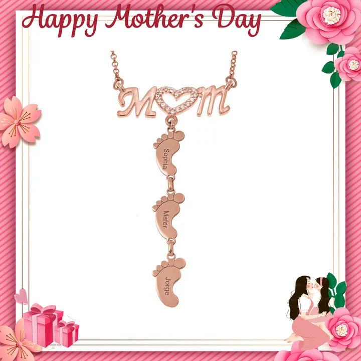 Mother's Day Gift Personalised Heart Crystal Mom Necklace With Baby Feet