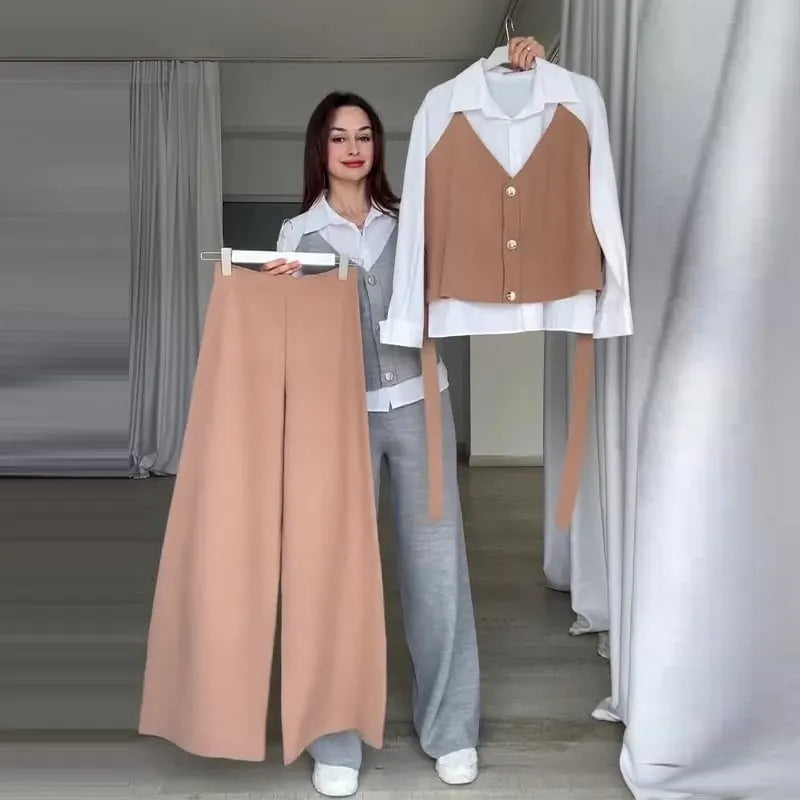 Damen Set aus Hemd mit Weste in Layering-Optik und Hose