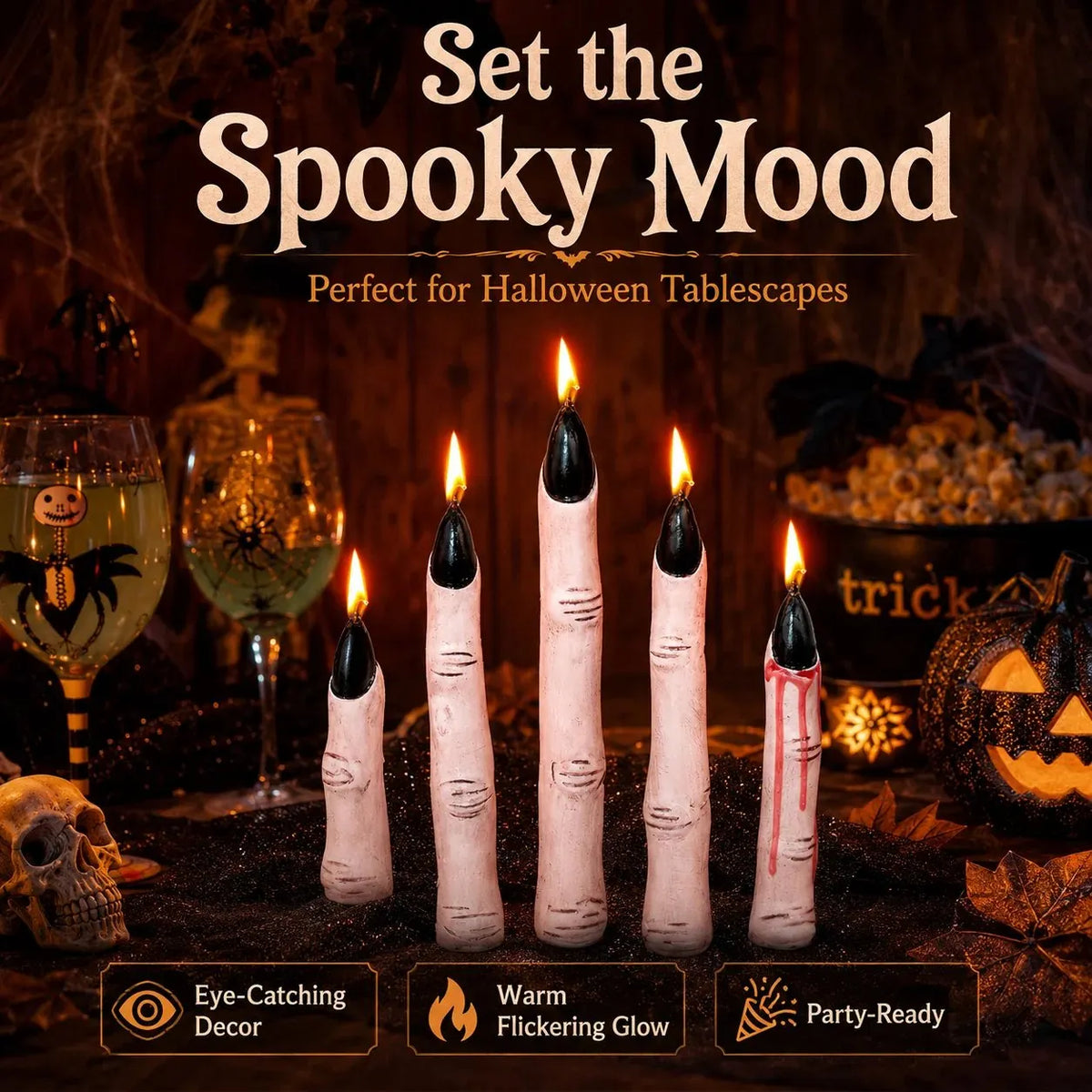 🔥HOT SALE🔥🕯️ Creepy Finger Candles 5-Piece Set – Halloween Table Decor & Spooky Party Accent 🎃