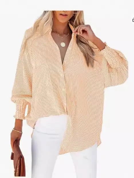 Stripe Button-Down Long Sleeve Shirt Contrast Business Casual Top Loose Blouse