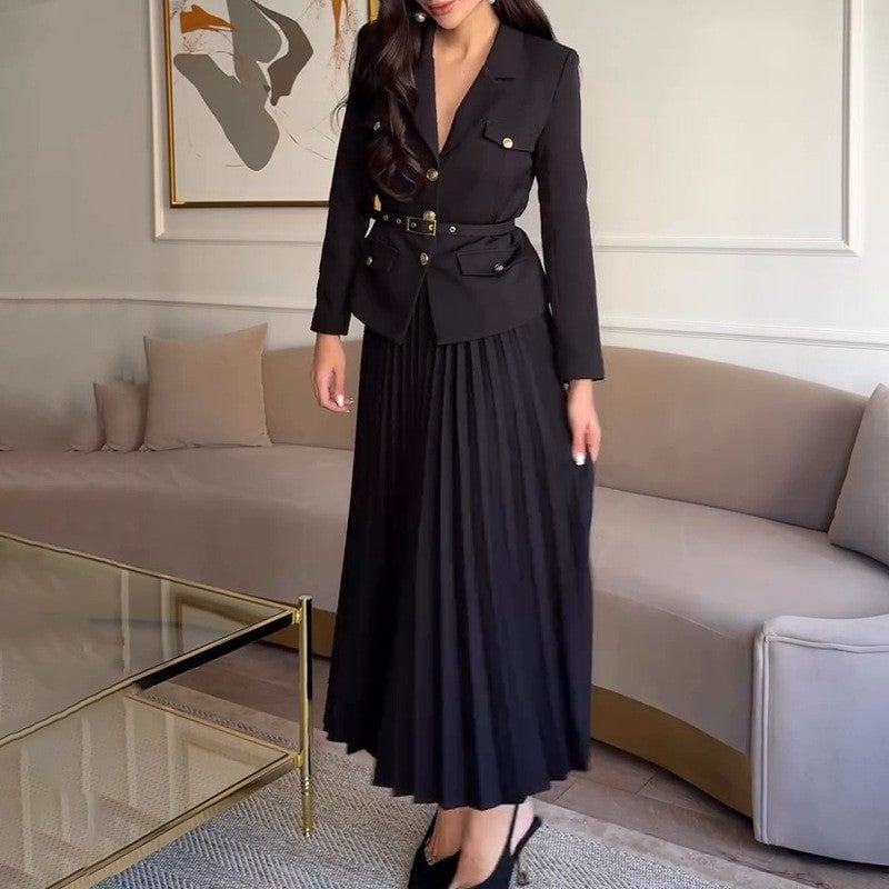 🔥Hot sale🔥Women's Blazer with Lapels and Maxi Pleated Skirt, 2-Piece Set with Matching Belt(🚛Free shipping)