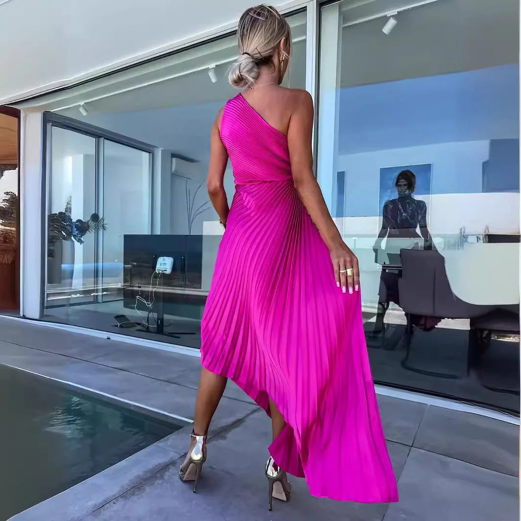 Stunning One - Shoulder Pleated Cut - Out Dress