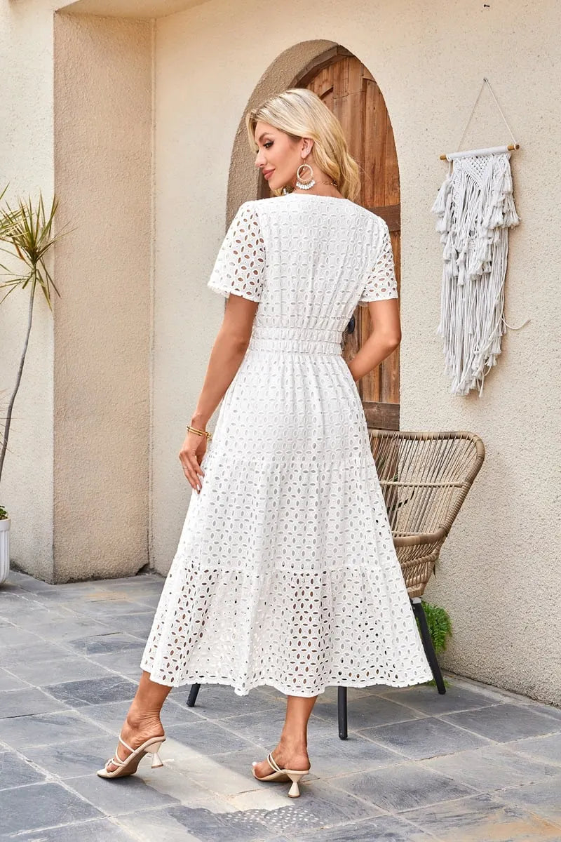 Womens Summer V Neck Maxi Dress Short Sleeve Hollow Out Flowy Beach Dress