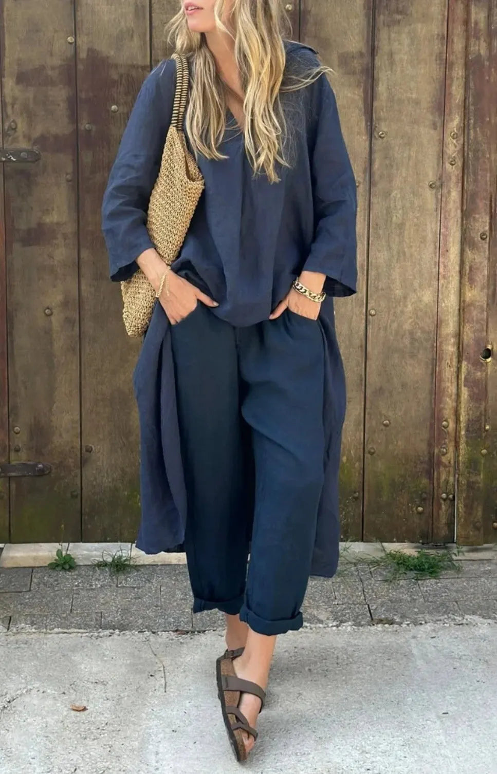 Women’s Summer Loose 2-Piece Set with V-Neck and Pockets
