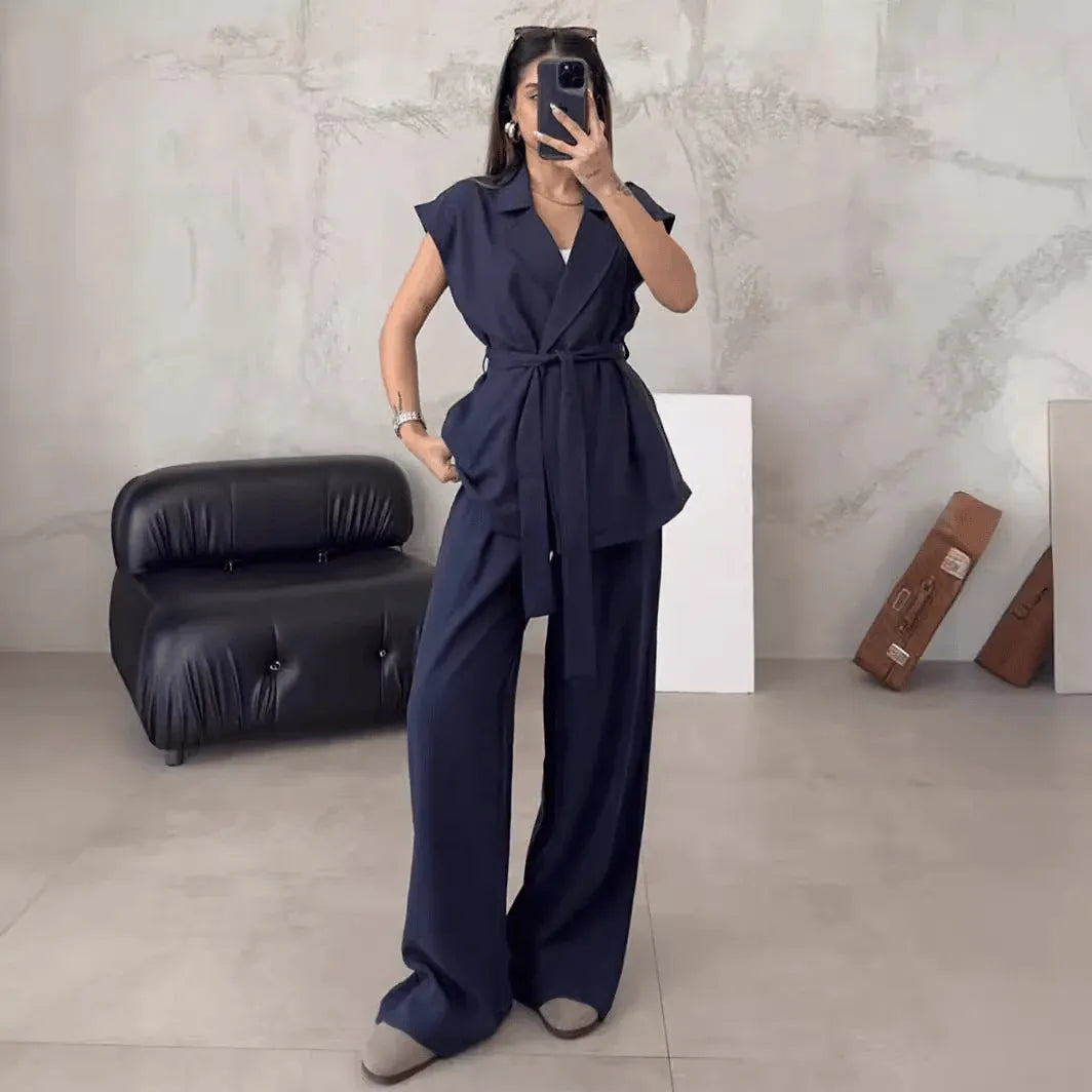 Women's Sleeveless Lapel Top High Waisted Pants 2-Piece Set