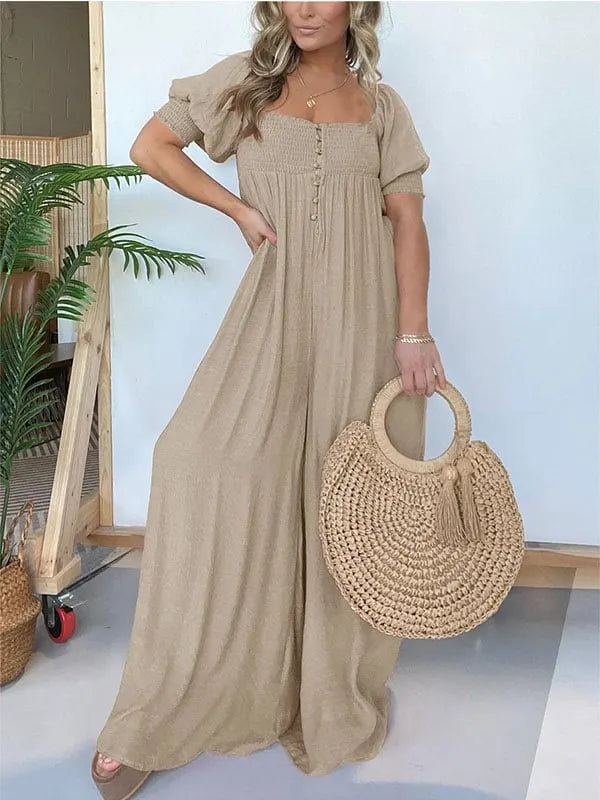 New Square Neckline Jumpsuit with Smocked Bodice Button (Buy 2 Free Shipping)