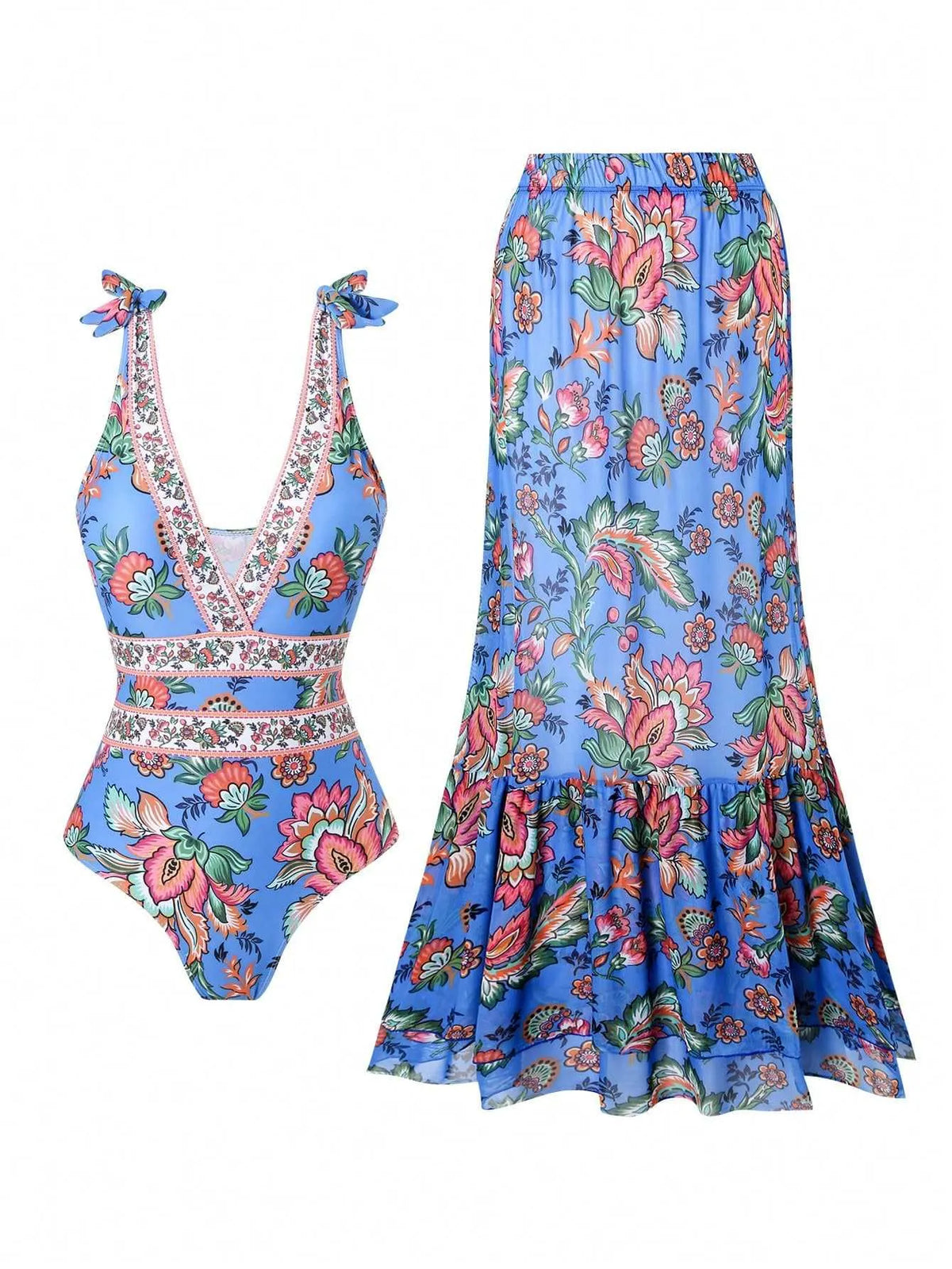 🩱V-neck One-Piece Swimsuit with Lace-up, Print, and Skirt💃