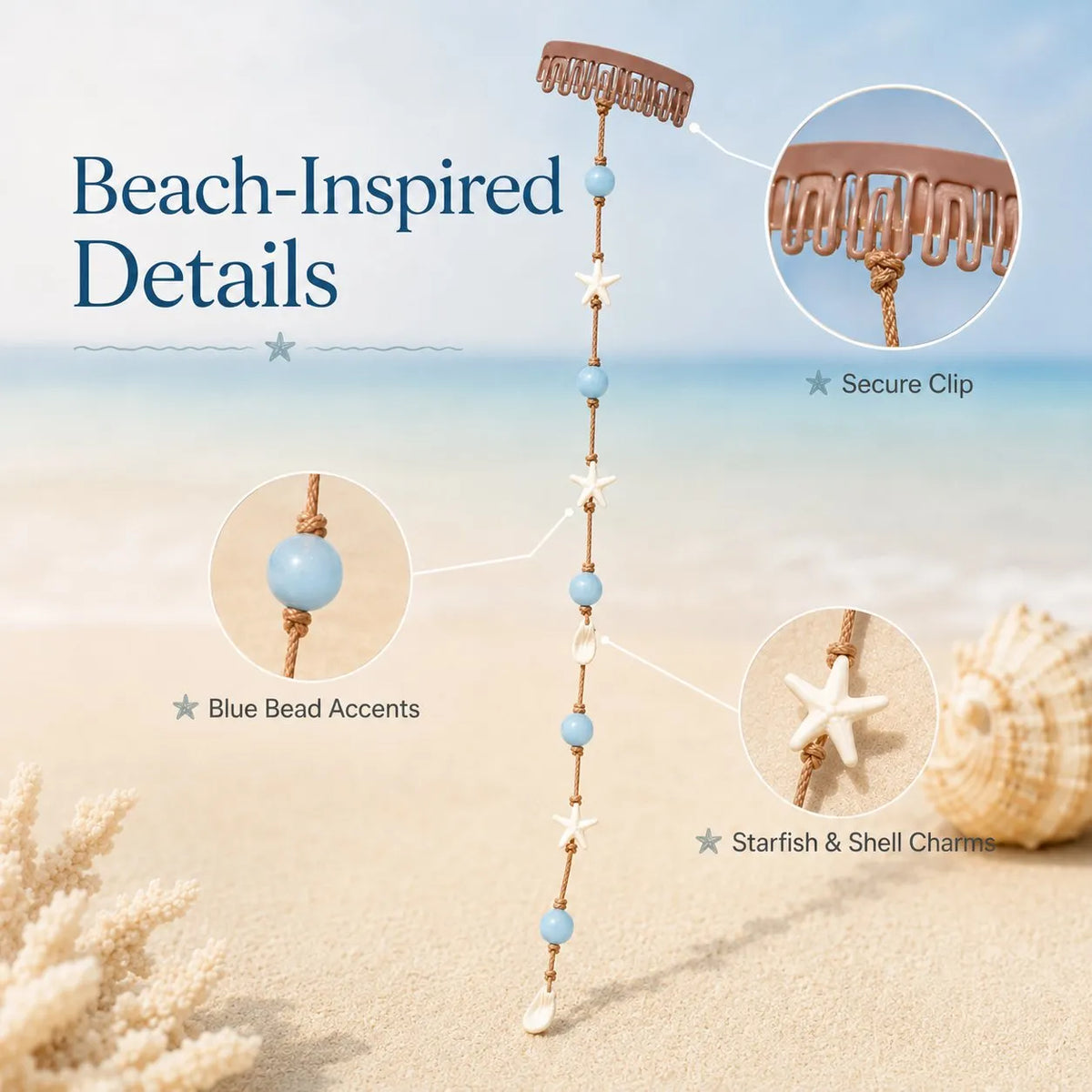 🔥HOT SALE🔥🌊⭐Beachy Mermaid Hair Accent Clip (Featuring blue bead accents, starfish, and shell charms)