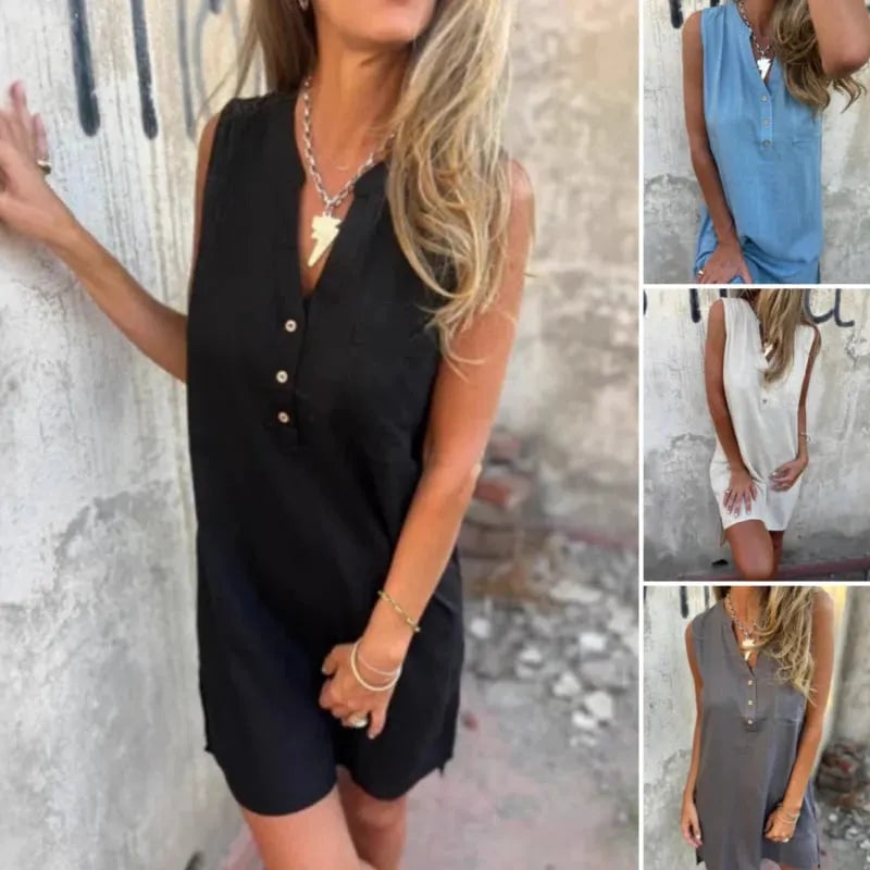 Women's sleeveless button-front V-neck dress