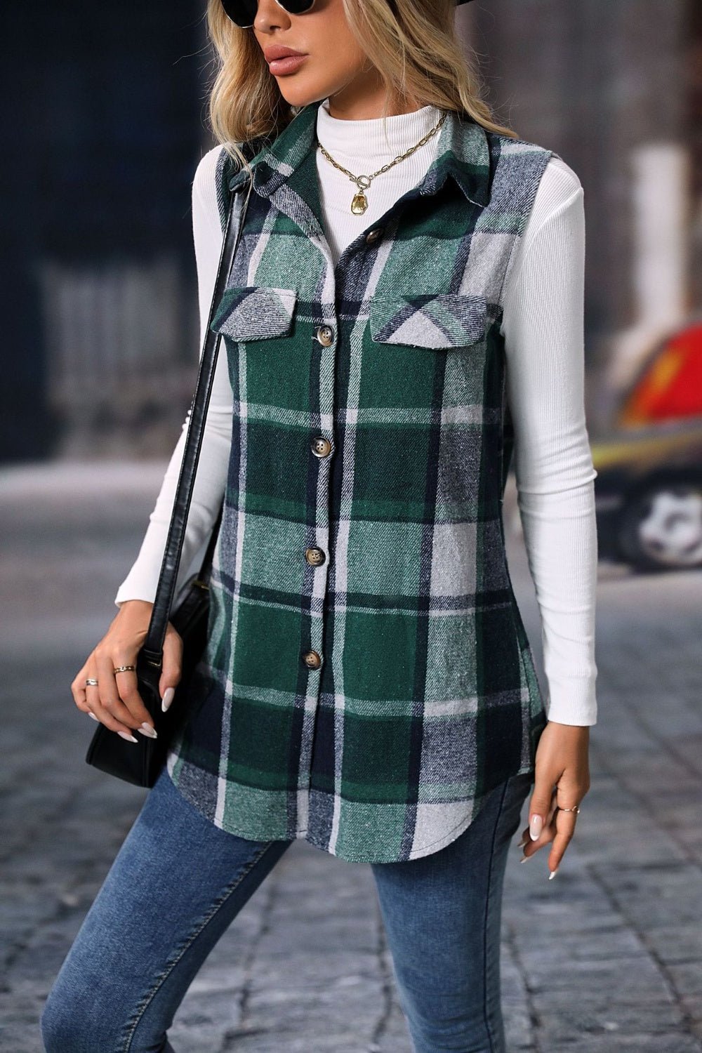 Women's Plaid Print Button Front Vest Coat