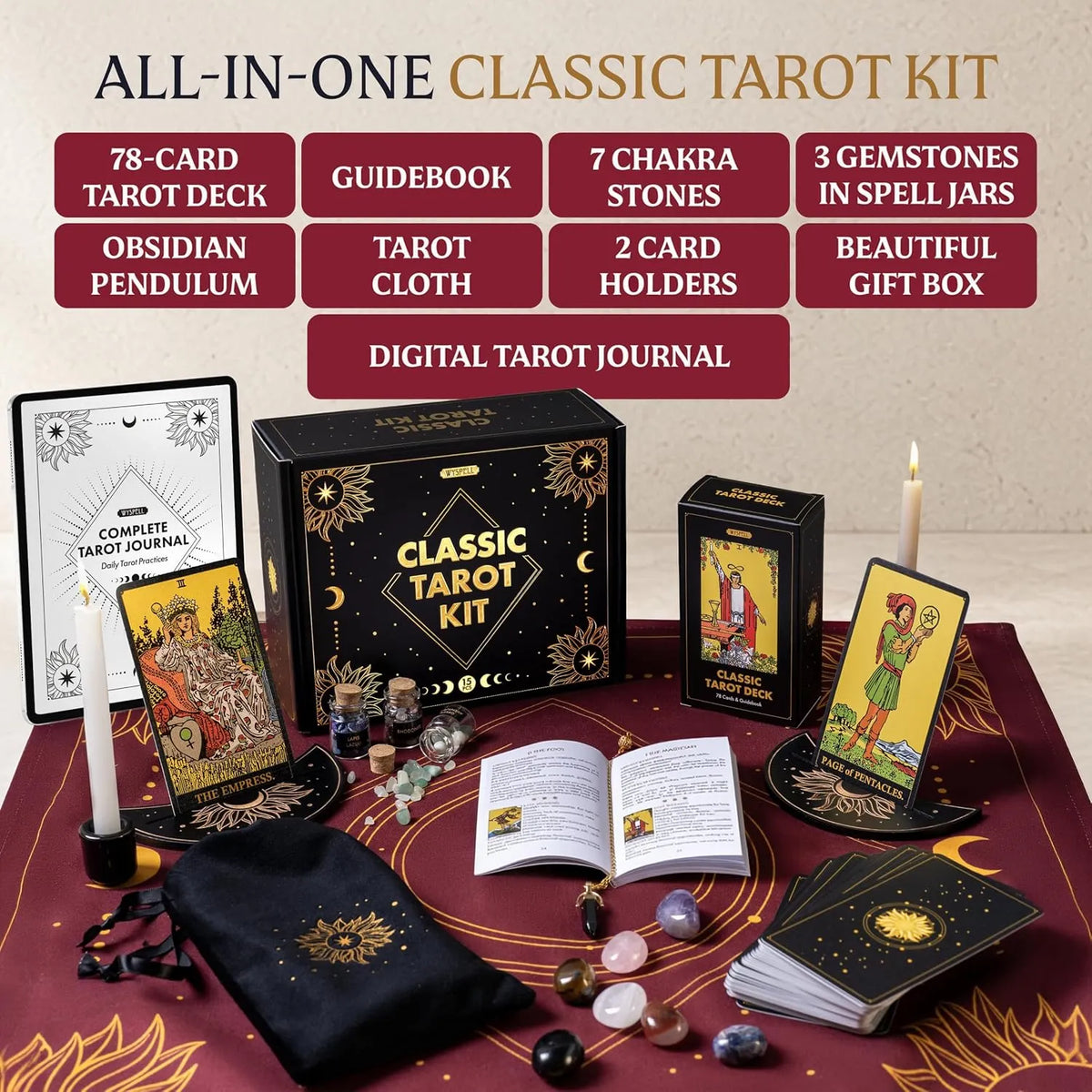 🔮ALL-IN-ONE CLASSIC TAROT KIT – Complete Beginner Set with Guidebook & Crystals  🌟