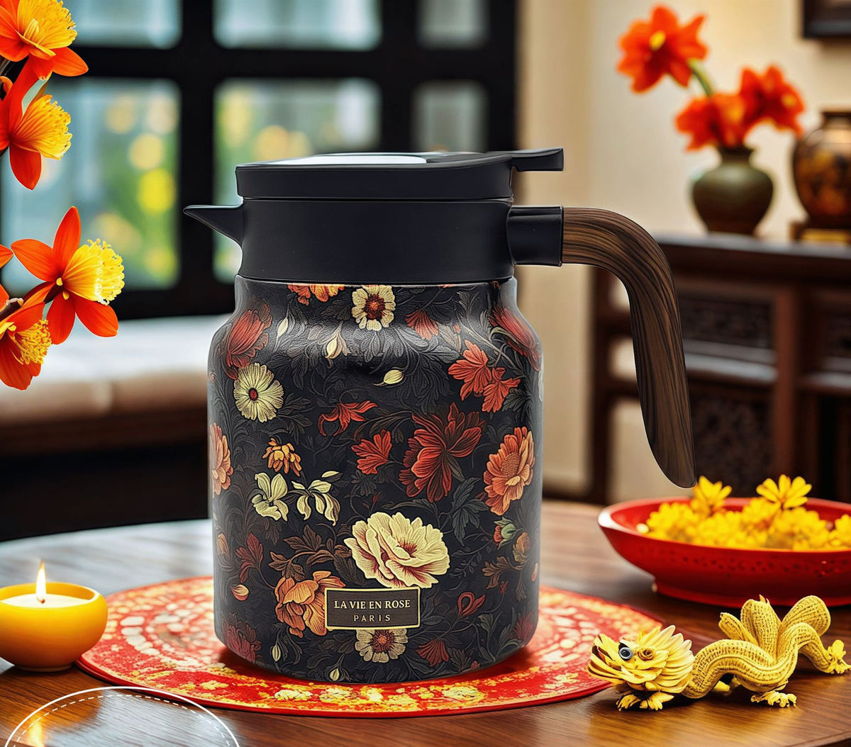 Vintage Floral Pattern Tea Thermos–Built-In Infuser