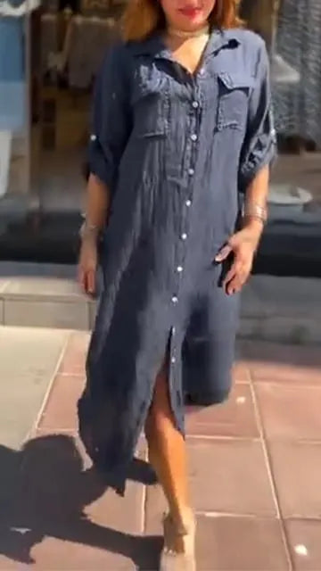 Solid Color Button Down Slit Loose Casual Shirt Dress