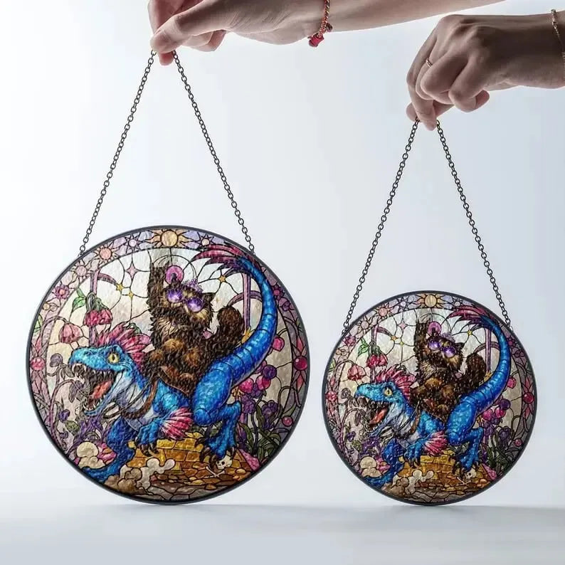 🦖Stained Glass Dungeon Cat & Velociraptor Suncatcher✨ – Fantasy Window Hanging, Geeky Cat Lover Home Decor, LitRPG Book Reader Gift For Crawlers