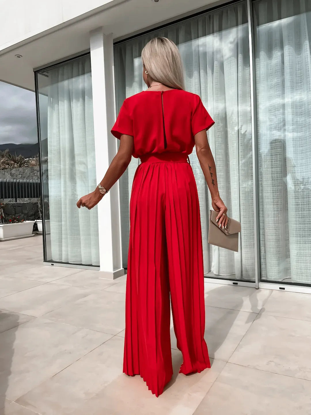 Casual Waistband Solid Color Pleated Wide Leg Jumpsuit