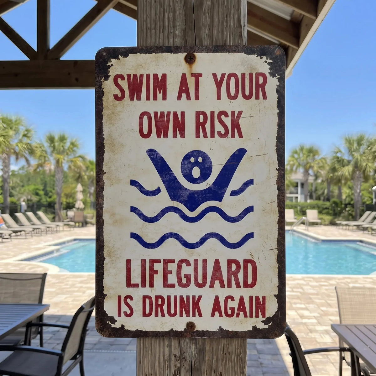 🔥LAST DAY 50% OFF - 🏊Vintage "Lifeguard Is Drunk Again" Pool Sign – Funny Metal Pool Wall Decor 😂🍻