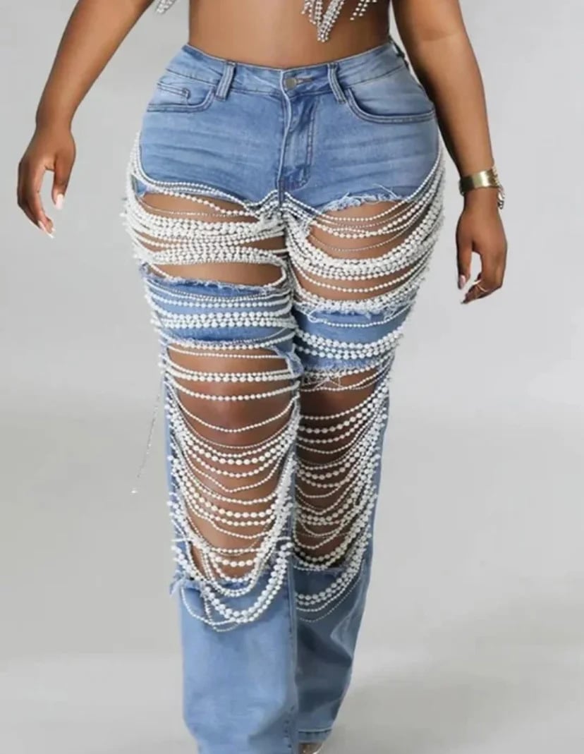 Free Shipping🔥 Stylish Multi-layered Pearl Chain Ripped Pocket Straight Jeans