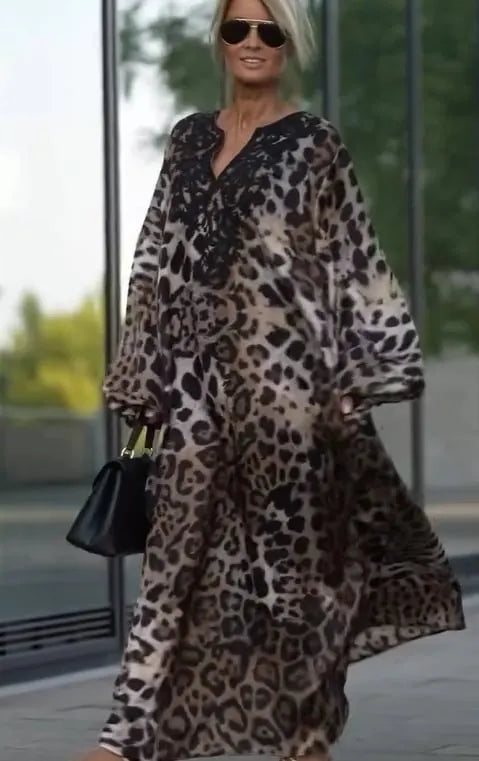 RAYNA LACE MIXED LEOPARD PRINT BALLOON SLEEVE A-LINE MAXI DRESS
