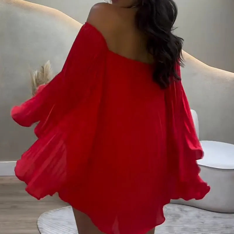 Casual Off-Shoulder Pleated Top and Shorts Set