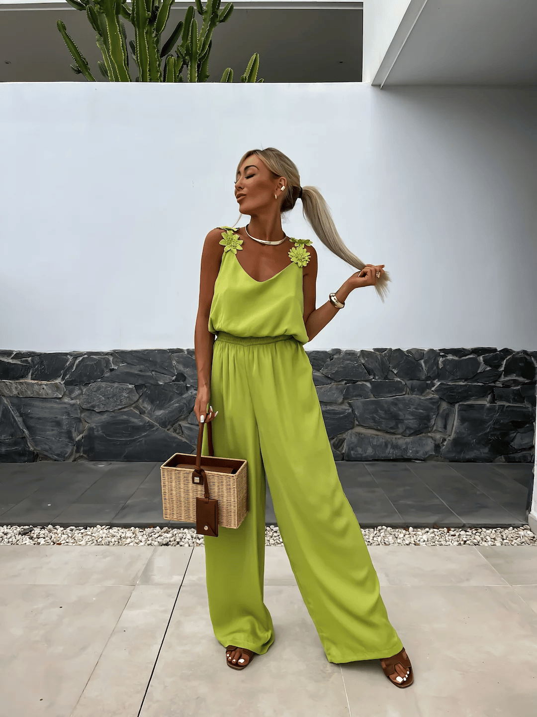Solid Color Casual Floral-strap Jumpsuit (Buy 2 Free Shipping)