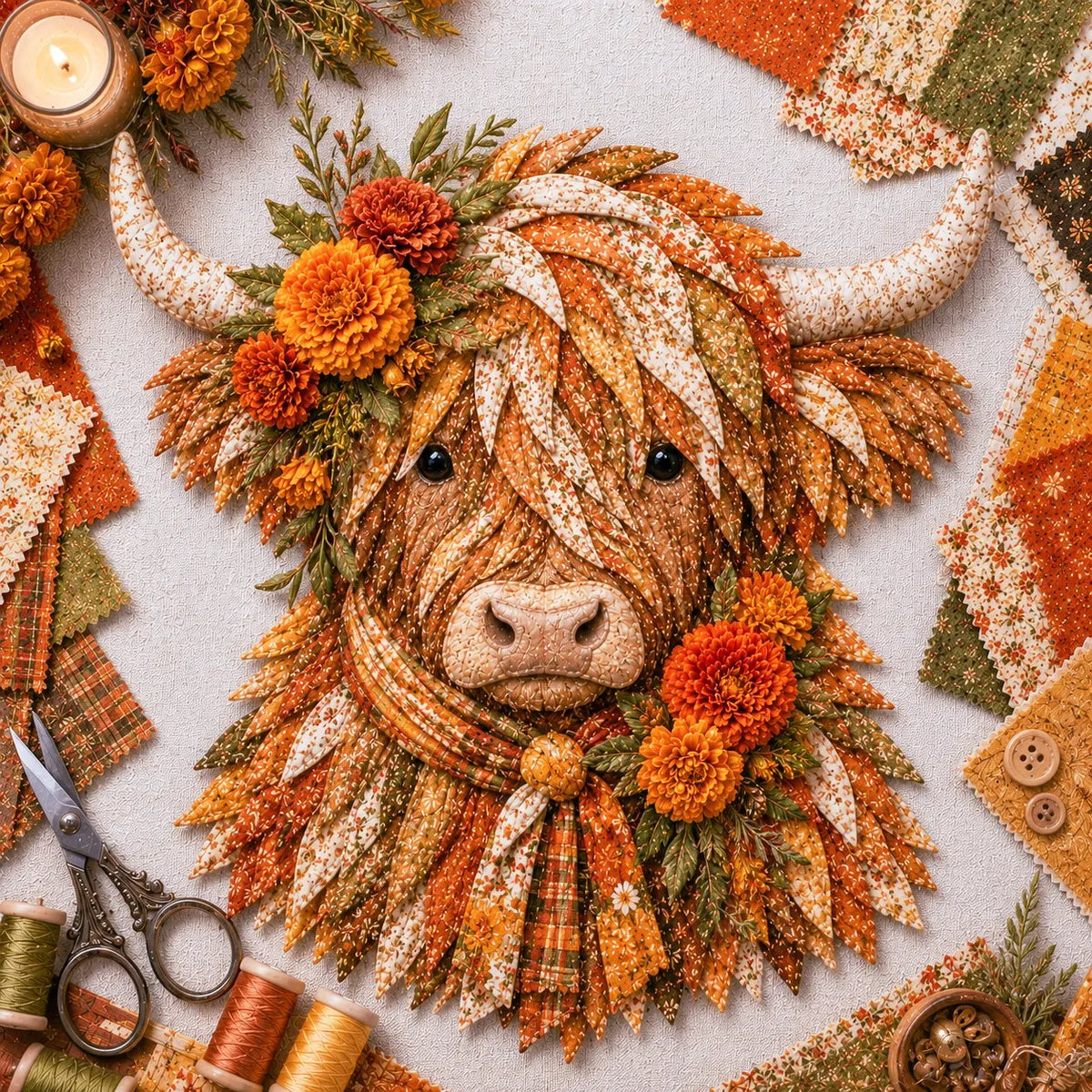 ⏳LAST DAY 49% OFF - 🐮💐🌸 Birth Flower Highland Cow 3D Layered Fabric Art DIY Kit | Complete Kit Included ✂️ Pre-Cut Pieces • Glue or Stitch Your Way • Create a Cozy 3D Highland Cow Decor 💕