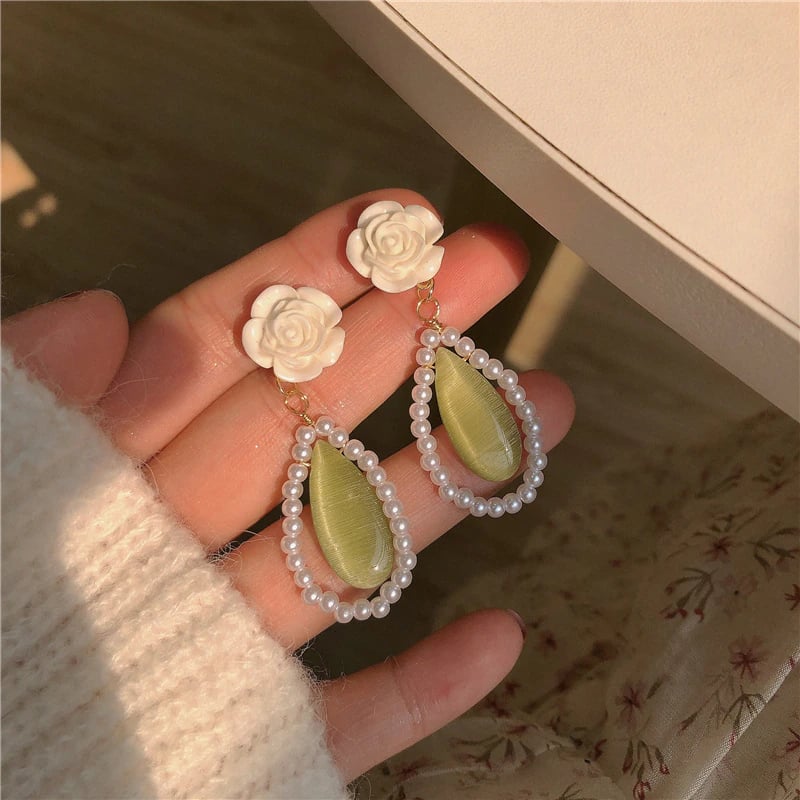 Elegant White Rose Flower Drop Earrings