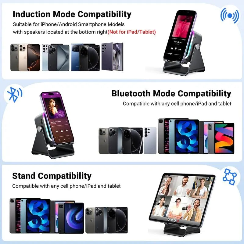 🎶📱  5-in-1 Wireless Induction Bluetooth Speaker with Adjustable Phone Stand