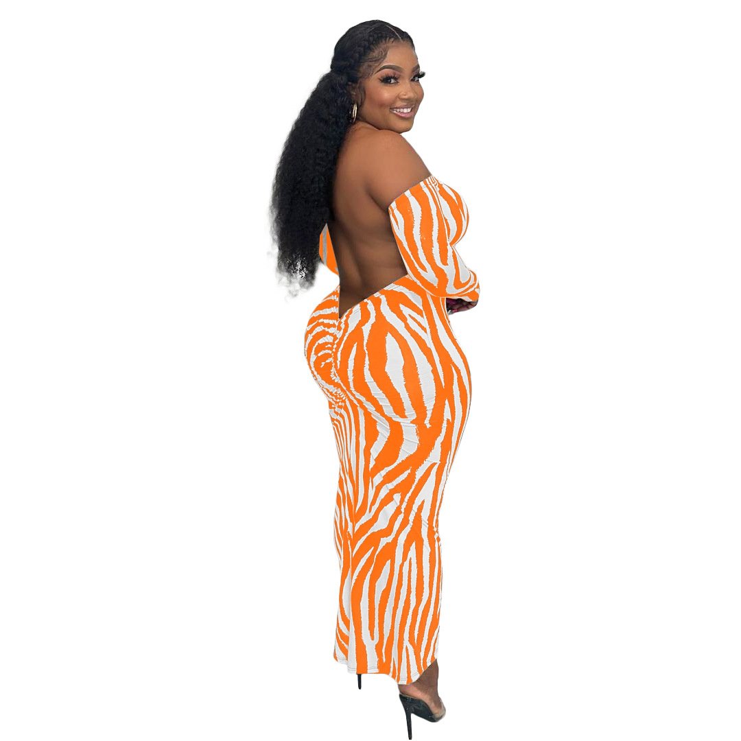Women Fashion Sexy Off-Shoulder Zebra Print Long Sleeve Maxi Dress