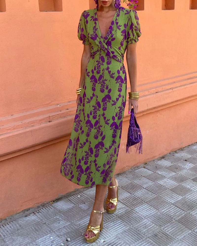 Elegant leaf print deep V puff sleeve A-line dress (Buy 2 Free Shipping)
