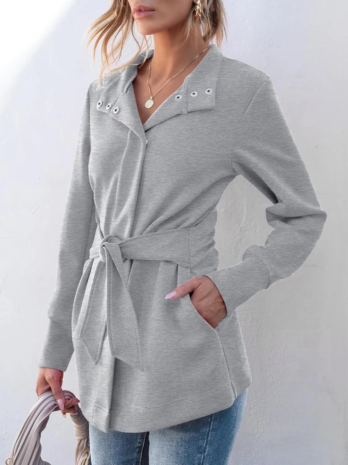 ✨WOMENS JACKET BELTED CASUAL WRAP TRENCH COAT BUTTON UP DRESSY OUTERWEAR WITH POCKETS