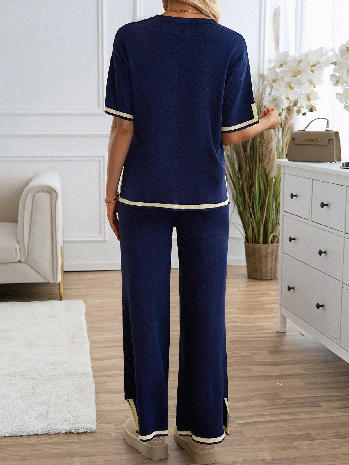 Chic Short Sleeve Knitted Pants Set