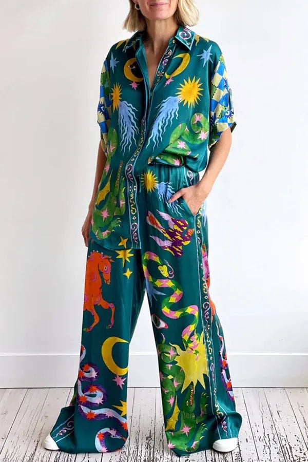 Beachy Chic Unique Print Button Down Oversized Two-Piece Set