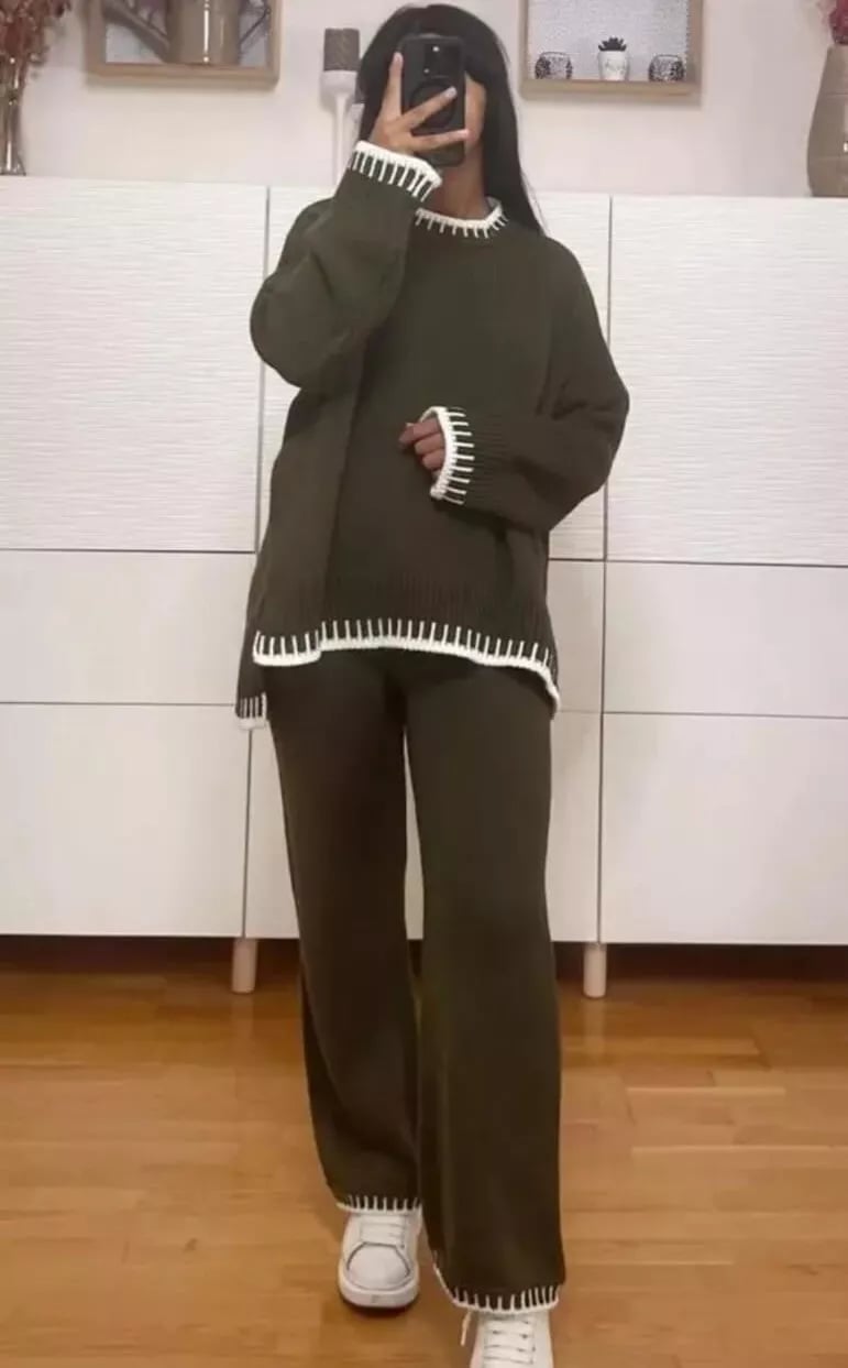 Round Neck Dropped Shoulder Top and Pants Sweater Set