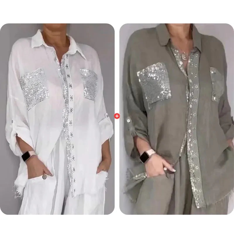 🎉Women's Sequin Shirt & Wide-Leg Pants Set
