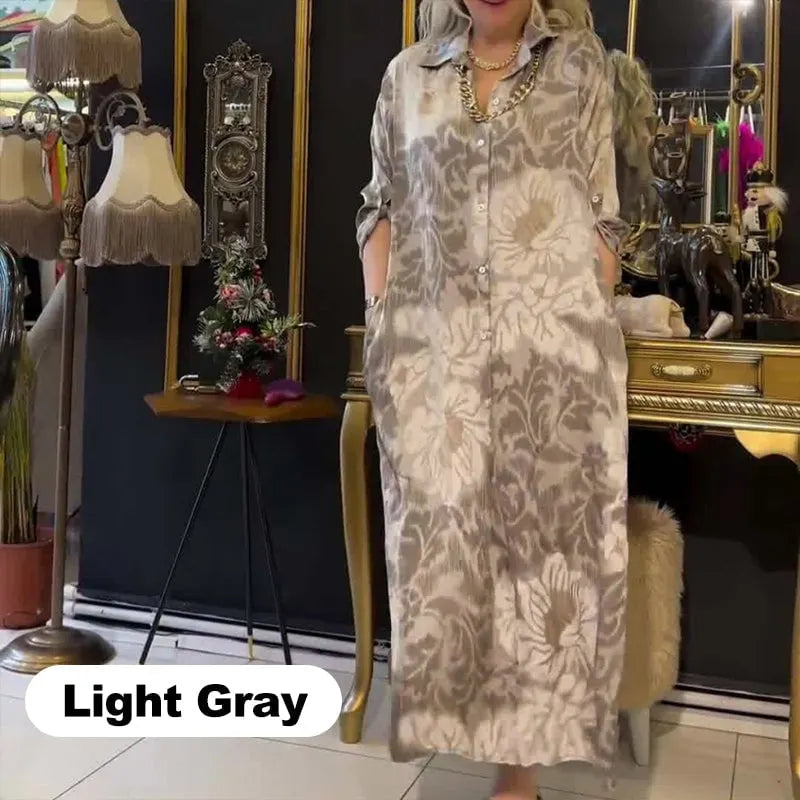 Women's Casual Long Sleeve Button Down Loose Maxi Shirt Dress