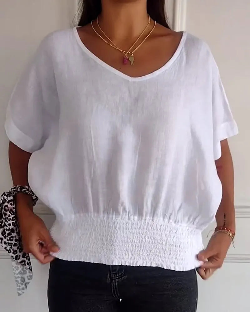 Simple solid color V-neck half-sleeve T-shirt