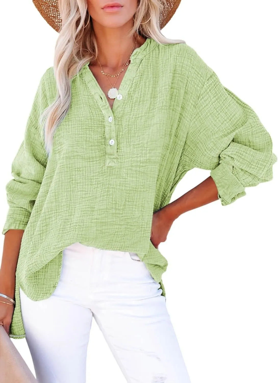 Women's Casual Gauze Button Down Neck Long Sleeve Oversized Top