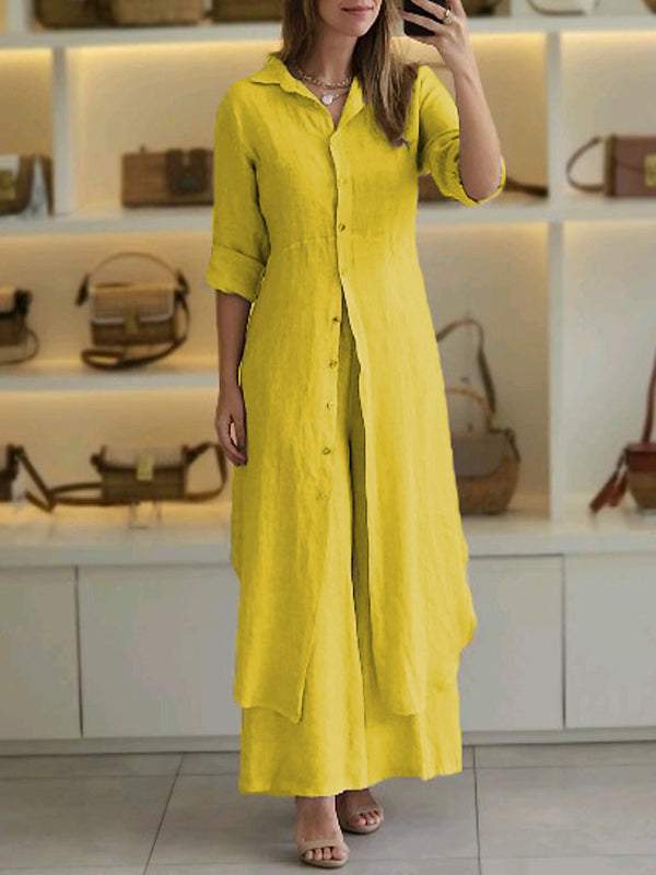 Women Summer Casual Linen Set Elegant Long Sleeve Two-piece Pant Suits