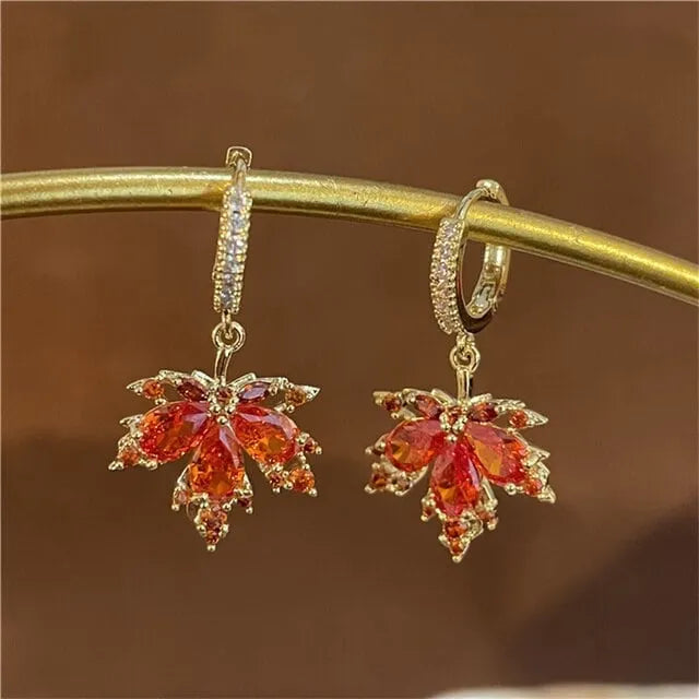 New Women's Red Zircon Maple Leaf Dangle Earrings